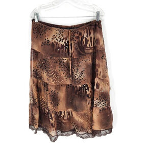 New York City Design Co Womens Tiered Skirt Brown Black Lined Lace 100% Silk M